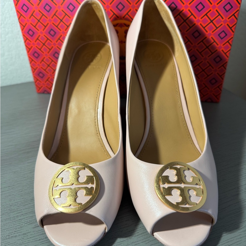 Tory Burch Blush Peep Toe Heels with Gold Accent